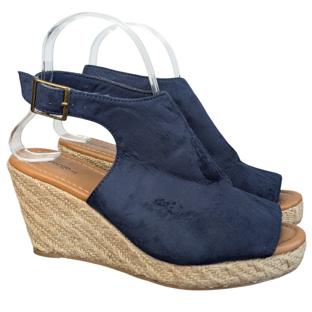 George Women's 8 Espadrille Rope Wedge Heel‎ Navy Open Toe Sandals Ankle Strap